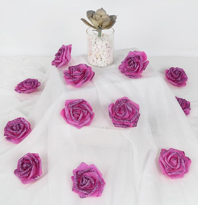 100pcs Glitter Roses - Hot Pink 2.56" Foam Flower Bundle - Artificial Roses for Wedding & Event Decor
