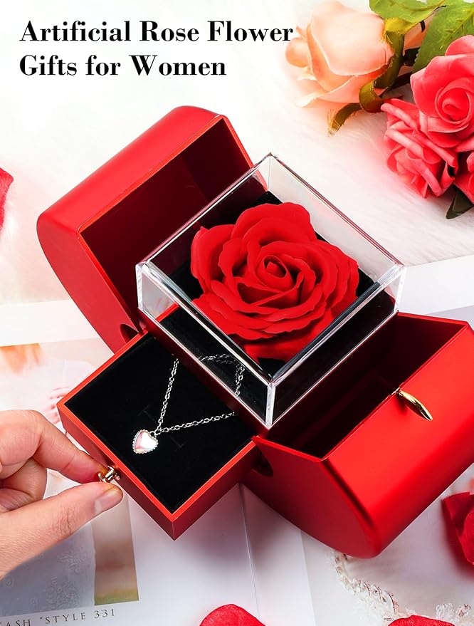 Forever Red Roses in A Box Preserved Rose with Rainbow Necklace Heart Box to My Love Birthday Gift for Women Mom Wife Girlfriend