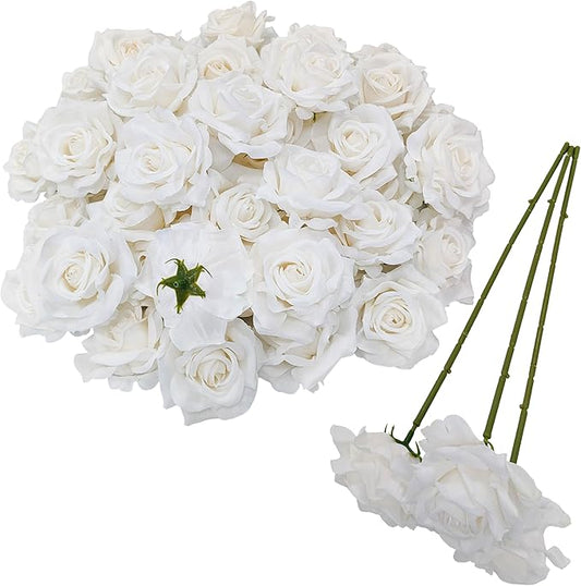 Artificial Satin Rose Flower Heads,48 Pcs Silk Rose Heads with Stems,3.3'' Rose Artificial Flowers Bulk,Artificial Rose Flower Heads for DIY Crafts Bouquet (48, White)