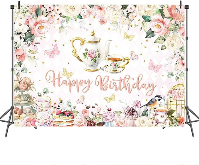 Mocsicka Tea Party Happy Birthday Backdrop Floral Dessert Tea Party Birthday Decorations Let's Partea Women Tea for Two Birthday Party Photo Props(7x5ft)