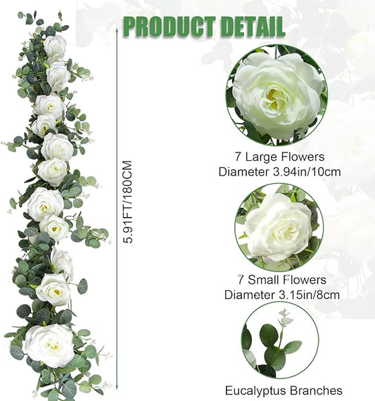 6FT Artificial Eucalyptus Garland with 14 Fake White Rose Flowers - Floral Greenery Decoration Vine for Runner, Backdrop, Arch Wall Decor,Indoor/Outdoor, (1 PCS)