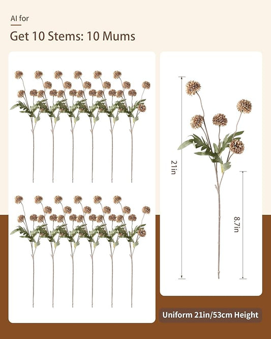 JAKY-Global Fall Flower Fake MUMS Artificial 10 Stems,Long Stems Silk Flowers Autumn Home Decor,Faux Floral Pompon Balls for Table Vase,Halloween Centerpieces,Wedding Arrangements