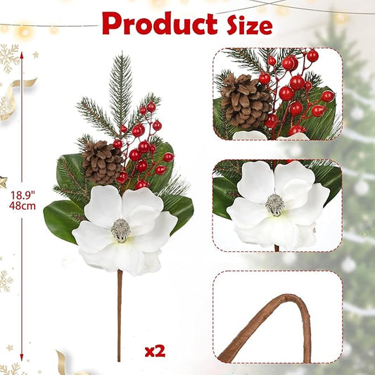 Briful White Magnolia Christmas Flower Branches, 2 Pack 18.9in Artificial Magnolia Floral Picks and Spray with Pinecones Berries for Xmas Tree Vase Arrangements Decor
