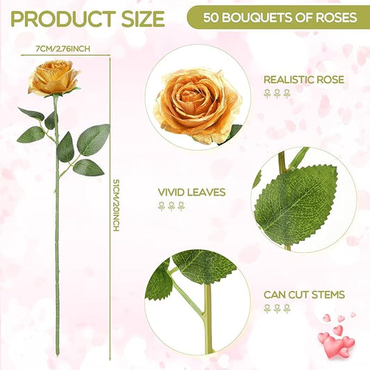 Jexine 50 Pcs Artificial Rose Flower Bulk Realistic Silk Fake Roses with Long Stem Plastic Artificial Flower Bouquet Real Looking for Home Wedding Centerpieces Party Decoration(Gold)