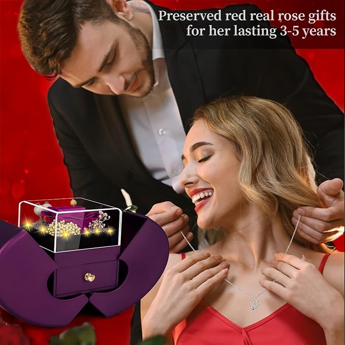 Gifts for Mom from Daughter and Son,Unique Mother Birthday Gift Idea, Preserved Purple Real Roses with I Love You in 100 Languages Mom Necklace, Cool Present to Mother Mama -Purple