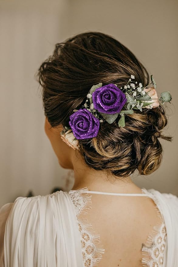 IPOPU Artificial Glitter Roses,50PCS Purple Glitter Flowers Sparkle Fake Roses for Cake Wedding Bouquet Home Party Decoration(Purple)