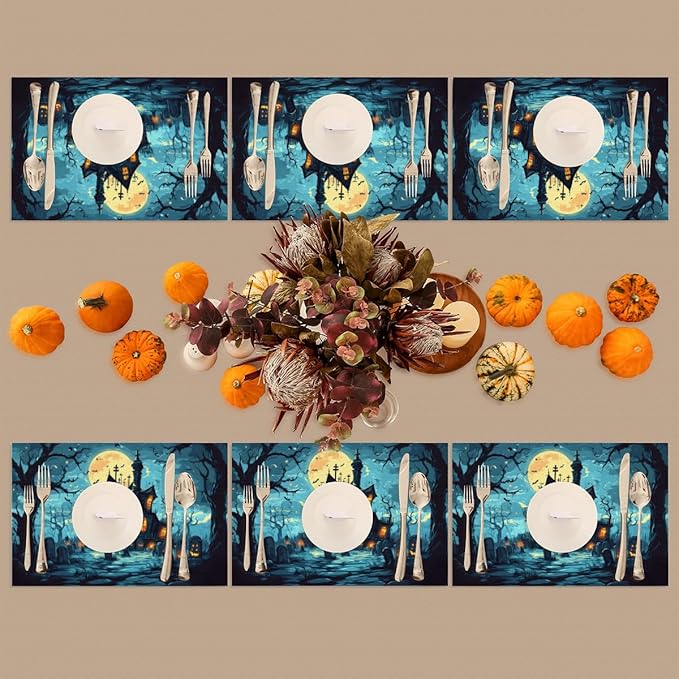 Halloween Castle Moon Scary Placemats Set of 4 PVC Vinyl Non Slip Table Mats Heat Resistant Place Mats Washable Wipeable Dining Table Mat for Kitchen Decor Party Indoor Outdoor Decorative Gift