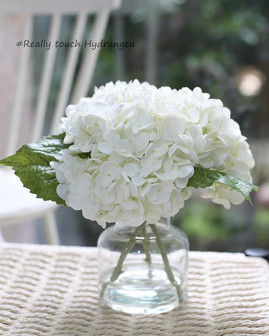 Real Touch Artificial Flowers Whith White Hydrangea in Vase for Home Decoration, Fake Flowers Centerpieces for Tables, Lifelike Fake Hydrangea in Vase for Bathroom, Office and Water Bar