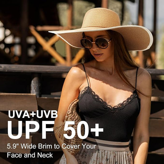DRESHOW Beach Hats for Women Big Straw Wide Brim Summer Hat Floppy Foldable Roll up Cap Sun Hat UPF 50+