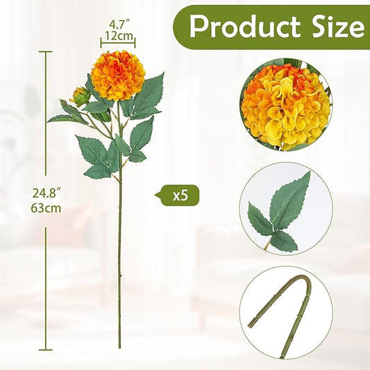 Hollyone 5PCS Dahlia Fall Flowers Artificial for Decoration 24.8" Orange Fake Ball Dahlias Autumn Silk Flowers Arrangements Faux Roses Flower with Stems Bouquets Centerpieces Fall Decorations for Home