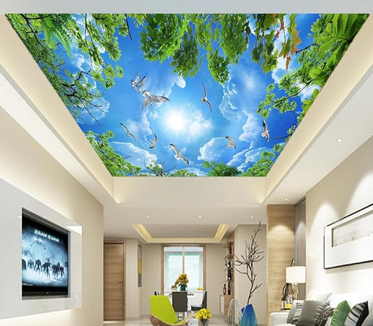 Eierme-Illustration of a Clear Blue Sky Image with Clouds and Flying Birds seen Through The Canopy of a Tree