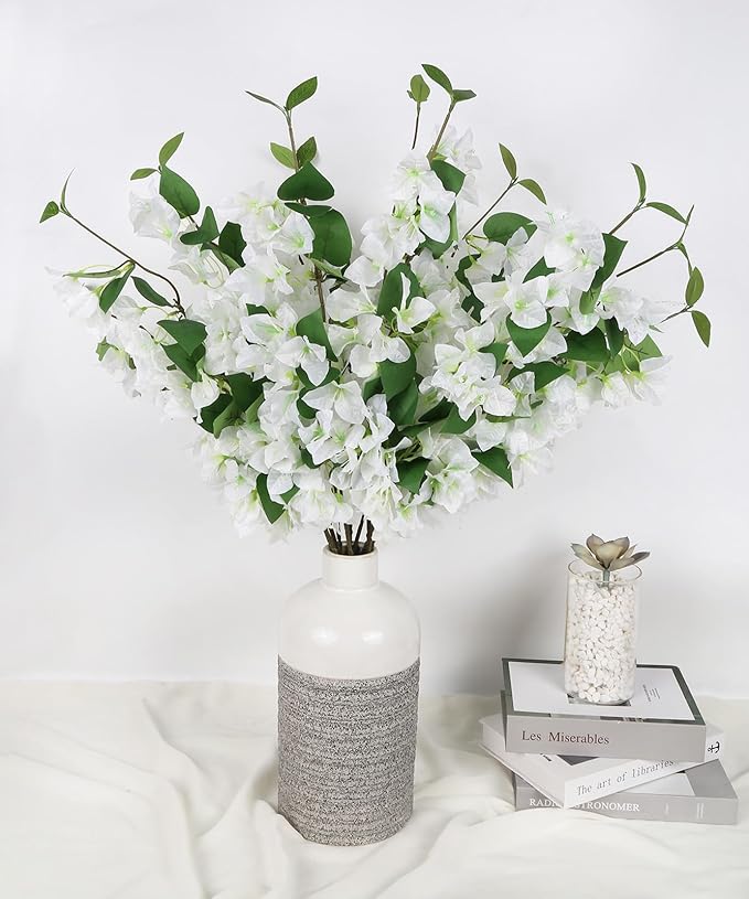 12PCS Bougainvillea Artificial Flowers 31.50" Long Stem Fake Silk Bougainvillea Branches Faux Flowers Vines for Wedding Centerpieces Baby Shower Home Garden DIY Decorations (White)