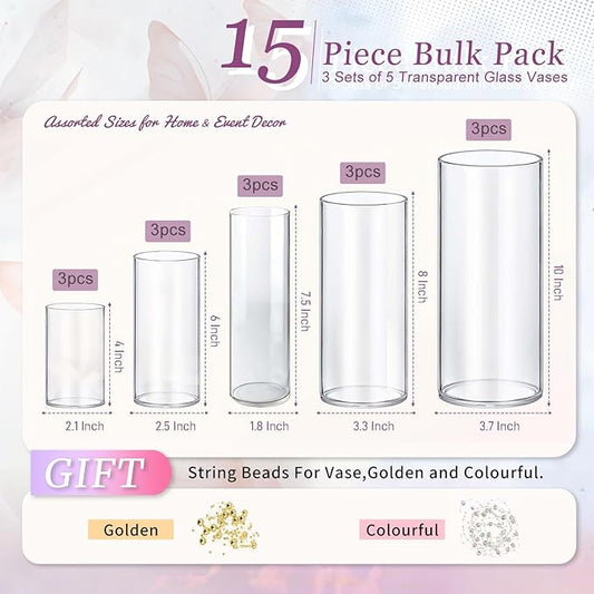 15pcs Glass Vase Cylinder Vases for Centerpieces Small Flower Glass Vases Home Decor Centerpiece Table Clear Flower Vase Decorations for Wedding&Holiday 4,6,7.5,8,10 Inch Tall