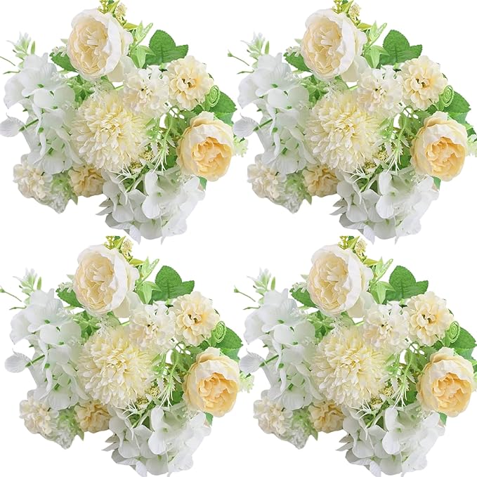 ASTRYAS 4Pcs White Peonies Artificial Flowers Fake Silk Peonies Faux Peony Mixed Chrysanthemum Flower Arrangements for DIY Wedding Table Centerpieces Party Baby Shower Home Decorations