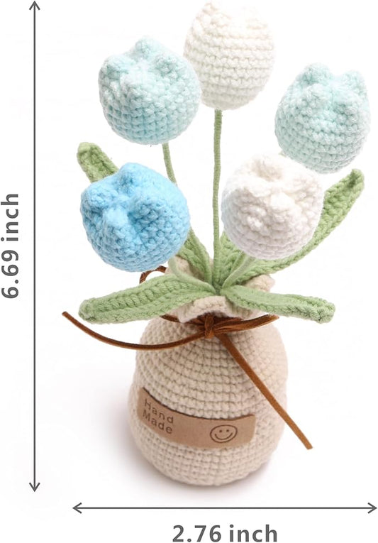 Crocheted Tulips, Hand-Woven Potted Plants, Permanent Tulips, Used for Creative DIY Table Decoration, Birthday Gift ,Graduation Ceremony, Christmas and Thanksgiving (5 Flowers-Blue)
