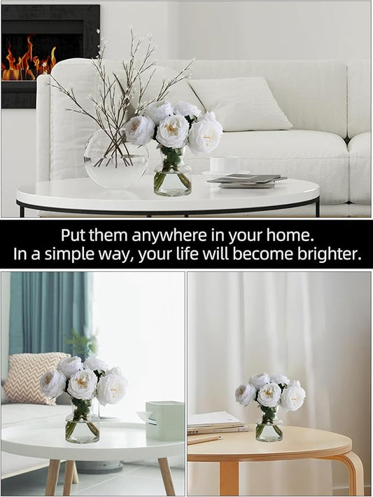 6Pcs Fake Austin Rose Peonies Flowers with Vase, Clear Glass Vase with White Real Touch Peonies Artificial Flowers Home Decor(White)