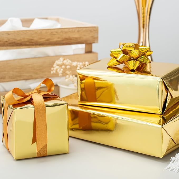 Merture Gold Wrapping Paper Roll - 17 In X 784.4 In (92.6 sqft) Metallic Gold Solid Color Gift Wrap with Grid Cutting Lines for Christmas, Wedding, Birthday, Valentines Day, Mothers Day, Baby Shower