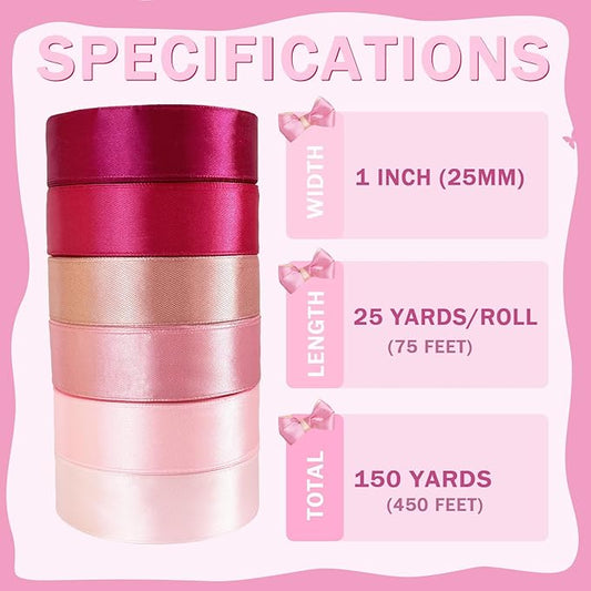 150 Yards Pink Satin Ribbon 1 Inch 6 Rolls Assortment Ribbons for Crafts Gift Wrapping Flower Bouquet Wedding Invitations Birthday Party Festival Decoration Hair Bows