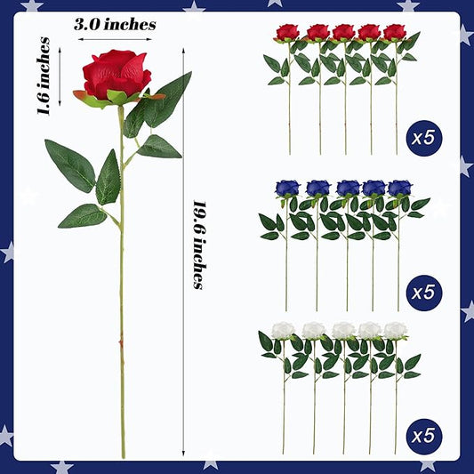 SITUMEIZI 15PCS 4th of July Flowers Roses Artificial Silk Flowers Patriotic Fake Bouquet with Long Stem for Independence Day Home Decor Bouquets Party Table Centerpiece(Mix,3)