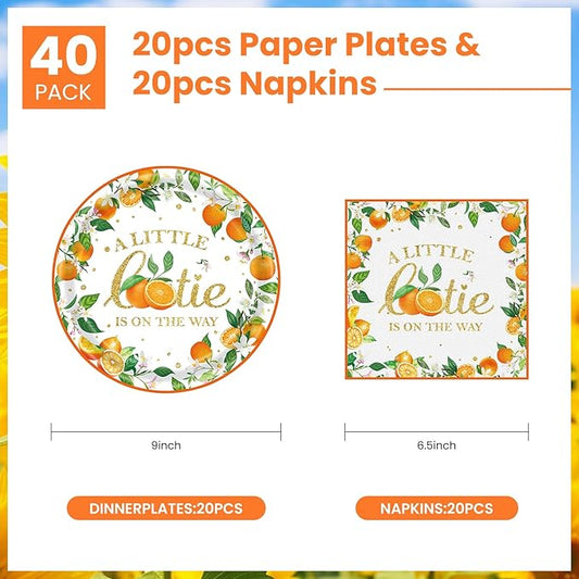 40 Pcs Little Cutie Baby Shower Plates and Napkins Party Supplies, Orange Cutie Birthday Party Decorations Disposable Paper Plates and Napkins A Little Cutie is on The Way Tableware Set Serves 20