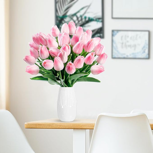 Sggvecsy 15 Pcs Fake Tulips Artificial Flowers Real Touch PU Faux Flowers Tulip Stems for Wedding Spring Bouquet Floral Arrangement Home Party Office Decorations for Mother's Day (Light Pink)