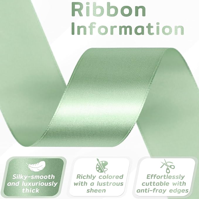 60 Yards Sage Green Satin Ribbon 1-1/2 Inch, Solid Light Green Polyester Fabric Ribbon for Gift Wrapping, Crafts, Flower Bouquet, Wedding, Baby Shower, Easter, Christmas