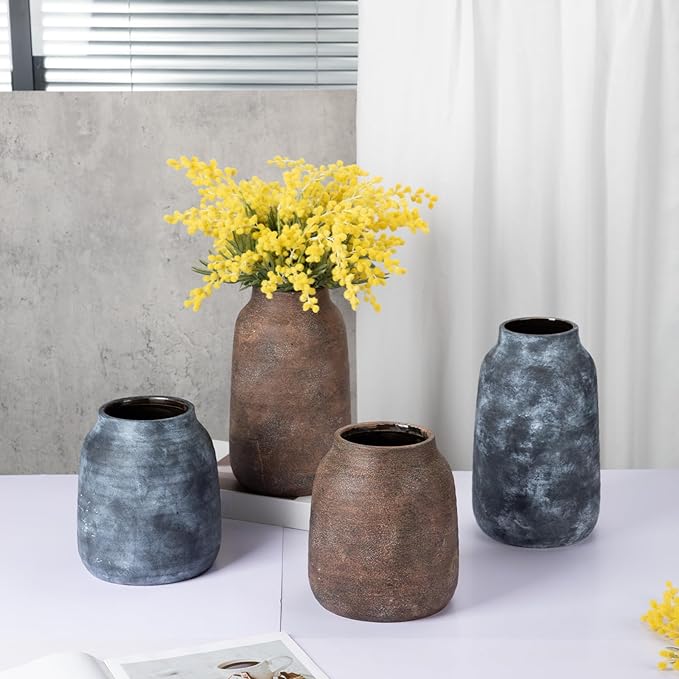 Briful Rustic Ceramic Vase 7” Tall – Handcrafted Vintage Pottery Flower Vase with Distressed White-Wash Finish – Farmhouse Decorative Accent for Table, Shelf, Mantel (Not Watertight), Brown