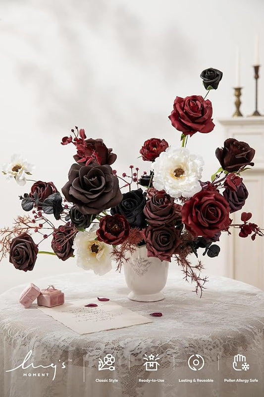 Ling's moment Fake Flowers Box, Faux Artificial Greenery Stems Foam Roses Peonies Silk Eucalyptus Leaves Fabic Flower for Centerpieces Bouquet Wedding Vase Decorations, Burgundy & Black, Deluxe Combo