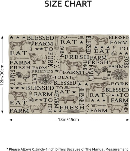 Farm Placemats, Cartoon Vintage Brown Windmill Farmhouse Cow Sheep Rooster Pig Animal Print Washable Fabric Placemats Table Kitchen Dining Party 12x18 Inch Set of 6