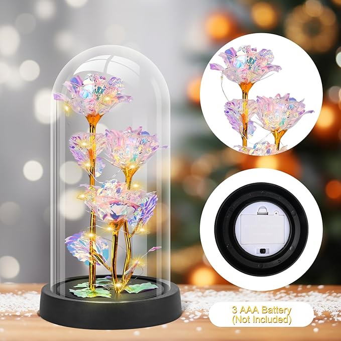 Mothers Day Glass Rose Gifts for Mom Women, Rose Flower Birthday Gifts for Women Mom Wife Girlfriend, Light Up Rose in A Glass Dome, Rose Gifts for Valentines, Mothers Day, Womens Day (Colorful)