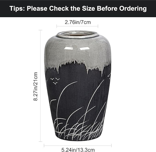 Black and Gray Vase, 8 Inch Grey Ceramic Vase with Crackle Finish, Minimalist Decorative Vases for Modern Home Decor, Office Desk, Living Room Table Centerpiece