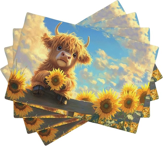 Cute Highland Cow Placemats Set of 4 Washable Table Mats Summer Yellow Sunflower Heat-Resistant Cotton Linen Place Mats for Dining Table Kitchen Indoor Outdoor Party Holiday Decor