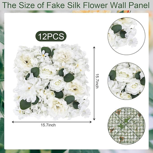 Pack of 12 Artificial Silk Flower Panels, Faux Floral Wall Background for Wedding Party Engagement Bridal Shower Arrangement Home Decorations - White