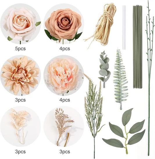 YYHUAWU Artificial Flowers Combo Box Set Gradient Color Flower Leaf with Stems for DIY Wedding Bouquets Centerpieces Baby Shower Party Home Decorations Nude Color