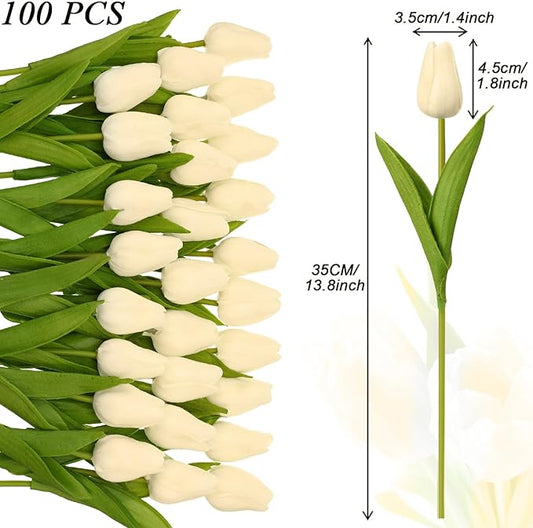 Janinka 100pcs Artificial Tulip Flowers Fake PU Tulips Faux Latex Bouquet Flower Centerpieces Arrangement Floral for Mother Day Wedding Spring Decorations (Milk White)