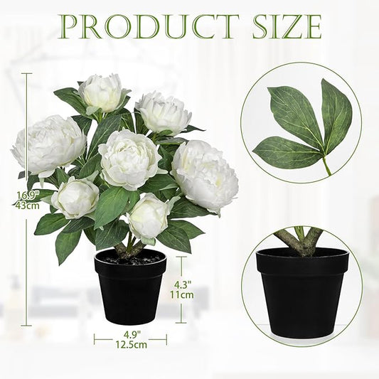 Hollyone White Fake Peonies Artificial Flowers in Pot 16.9" Small Peonies Tree Indoor Outdoor Faux Plants & Flowers Peony Silk Flowers Potted Plant Artificial Peony Floral Arrangement Desk Home Decor