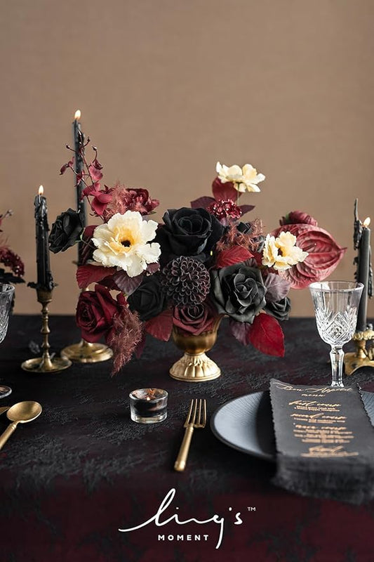 Ling's moment Fake Flowers Box, Faux Artificial Greenery Stems Foam Roses Dahlia Anthurium Silk Hydrangea Fabic Flower for Centerpieces Bouquet Wedding Vase Decorations, Burgundy & Black, Grand Combo
