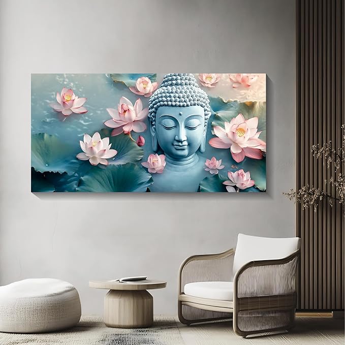 Iallbin Buddha Wall Art & Zen Wall Decor, White Lotus on Water Canvas Painting - for Yoga Meditation Room, Spa & Bathroom, Blue Art Deco Style, 48x24 Inches