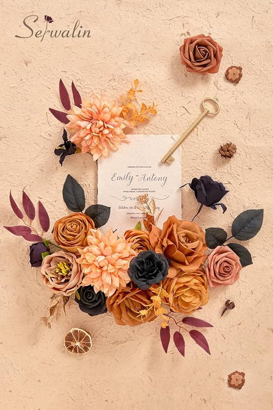 Serwalin Artificial Orange & Black Flowers, Silk Fake Flowers for DIY Wedding Bouquets Cake Flower, Harvest Table Centerpieces Birthday Party Home Halloween Decorations