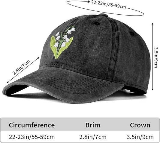 Cute Flower Hat, Elegant Floral Embroidered Adjustable Baseball Cap for Men Women, Gifts for Flower Lovers, Black