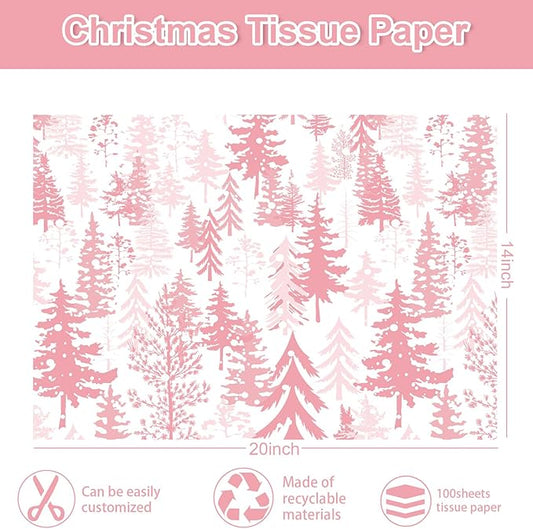 Whaline 100 Sheets Christmas Pink Tissue Paper Christmas Tree Gift Wrapping Paper Art Craft Paper for Home DIY Gift Bags Xmas Winter New Year Decor, 14 x 20 Inch