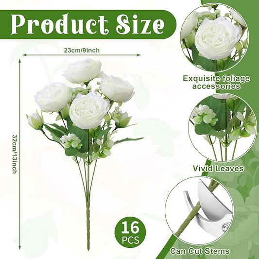 16 Pack White Peonies Artificial Flowers, Fake Silk Hydrangea Bouquet for Bridal Wedding Home Table Decor Reusable Dining Opening Ceremony Birthday Arrangement Faux Floral