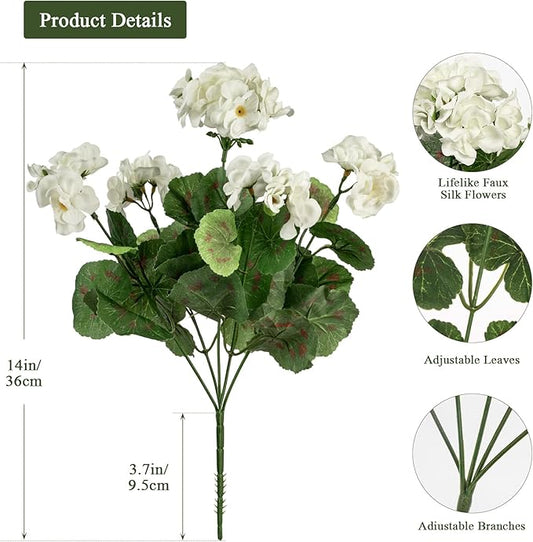 Plastic Flowers for Outdoors Home Decor Fake Plants Artificial Flowers Artificial Geraniums Outdoor Fake Flowers Silk Bouquet, Fall Decor for Interior Porch Garden Decor 14.4" (White) 8PCS