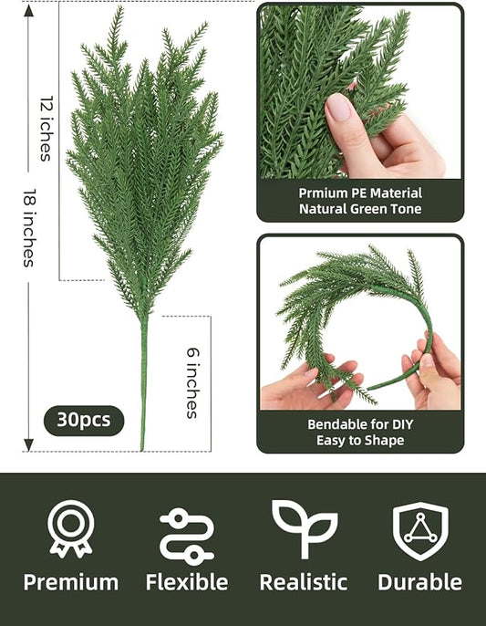 30Pcs 18'' Norfolk Pine Stems Realistic, Lifelike Christmas Greenery Pine Branches for DIY Wreaths, Vase Fillers, Indoor Outdoor Decor, Real Touch Christmas Decorations for Table, Mantle