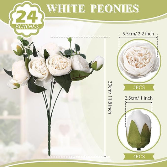Hoteam 24 Bundles Artificial Peonies Flowers Wedding Faux Flowers Silk Peony Bouquet Bulk Bride Fake Florals Arrangements for Table Centerpieces Wedding Party Vase Decor (White)