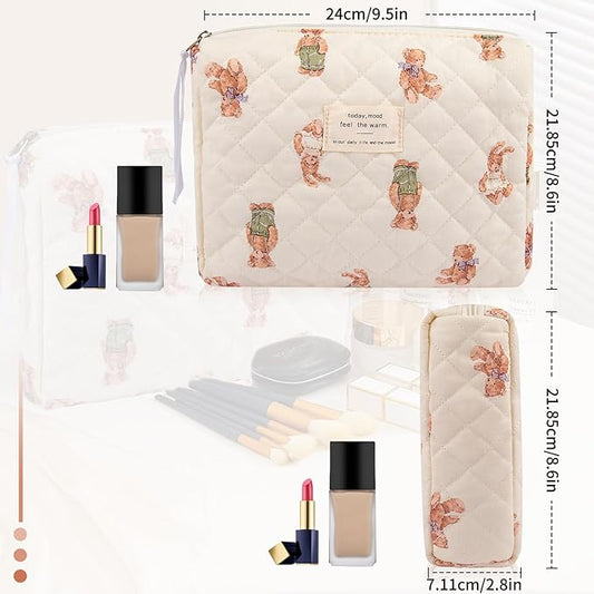 Floral Makeup Bag, Small Cosmetic Bag for Women Girls, Cute Cotton Makeup Bag, Quilted Makeup Bags, Flower Travel Toiletry Organizer Bag (White Bear)