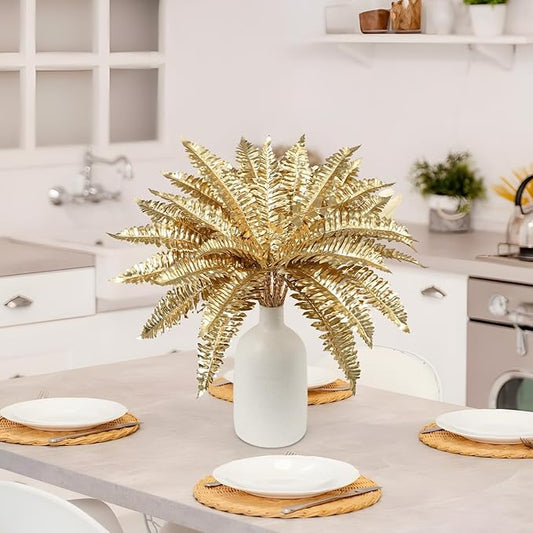 Artificial Gold Ferns Stems Christmas Branch 3Pcs Fake Leave Flower Plant Faux Plant for Vase Bouquets Table Centerpieces Decoration Home Decor