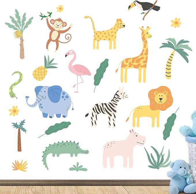 AOWDIAO Animals Wall Decals, Cute Safari Wall Stickers for Baby Kids, Jungle Theme Decor for Nursery, Classroom, Playroom, Bedroom