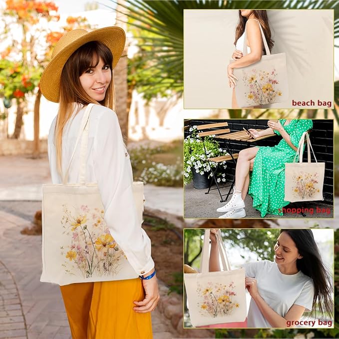 Aesthetic Floral Canvas Tote Bag for Women with Pocket, Tote Bags for Grocery Shopping Travel Christmas Birthday