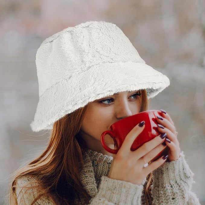 Winter Soft Faux Fur Plush Bucket Hat, Lovely Fisherman Cap, Fashion Outdoor Thick Warm Sun Cap for Women